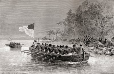 Dr. David Livingstone in de eerste boot, met de Engelse vlag, en Henry Morton Stanley in de tweede boot, met de Amerikaanse vlag, tijdens hun expeditie in Afrika in 1872, illustratie uit 